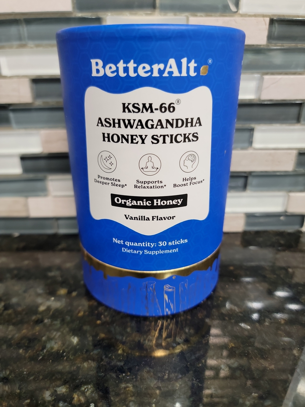 BetterAlt KSM-66 Ashwagandha Honey Sticks Organic Honey Vanilla Flavor 30 Sticks